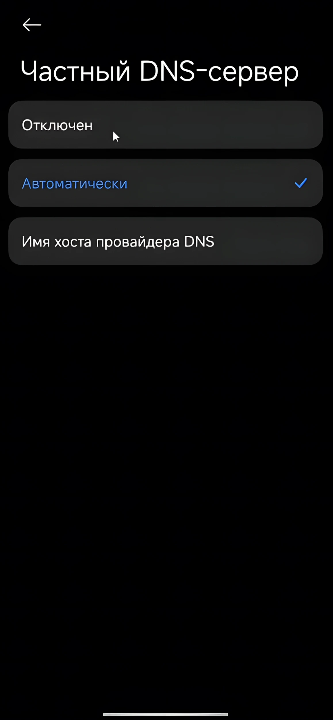 Экран настройки частного DNS-сервера, выбран автоматический режим